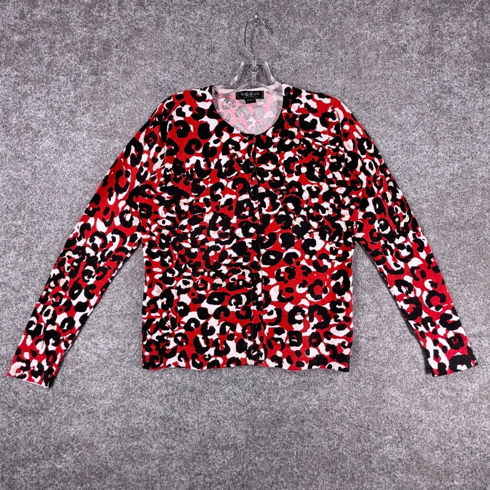 August Silk Heritage Cardigan Sweater Women Medium Multicolor Leopard Tight Knit